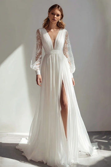 Ivory V-Neck A Line Long Sleeves Wedding Dress with Slit